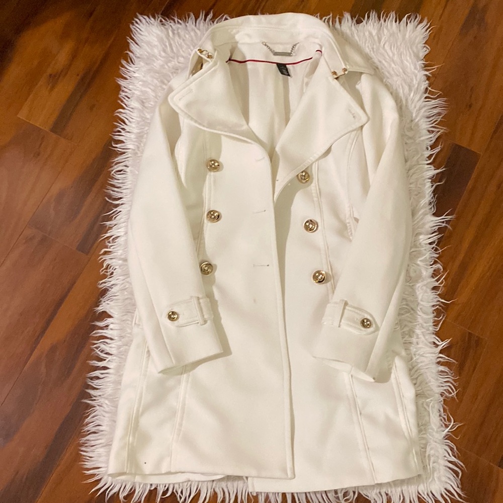 White House Black Market Button Up Coat Winter Gold Long Thick Jacket WITH BELT
